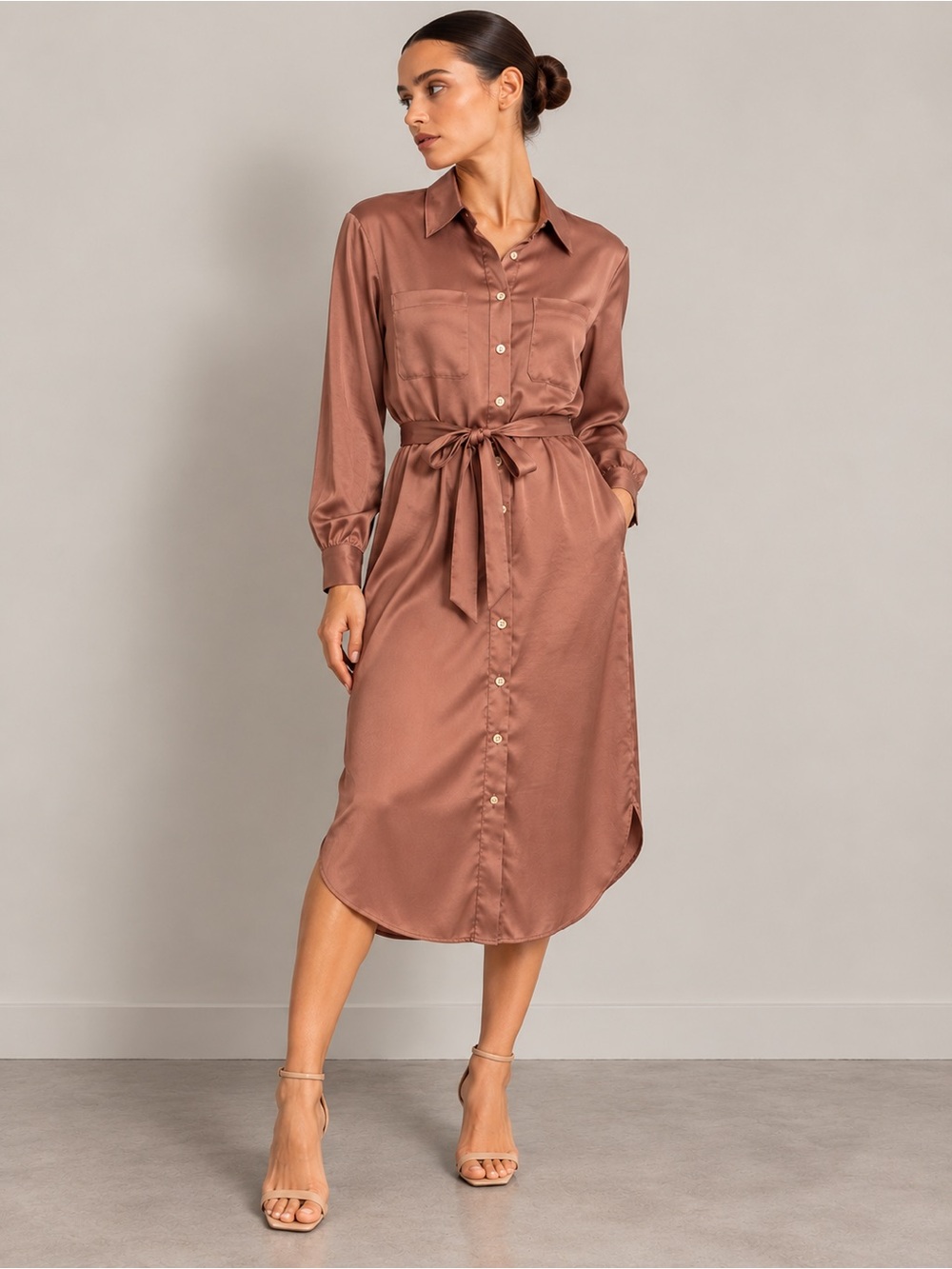 💎 Reitmans Signature Dusty Rose Satin Belted Midi Shirt Dress M